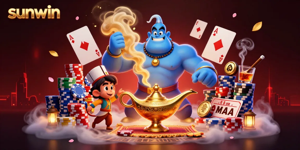 Experience thrilling gaming action with sunwin's colorful poker scene, featuring a genie and cheerful monkey.
