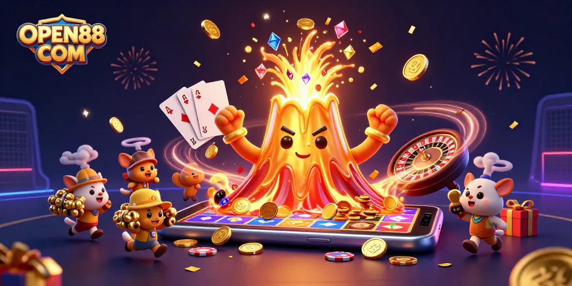 Jackpot excitement at OPEN88 COM with a triumphant golden volcano, gems, and treasure erupting!