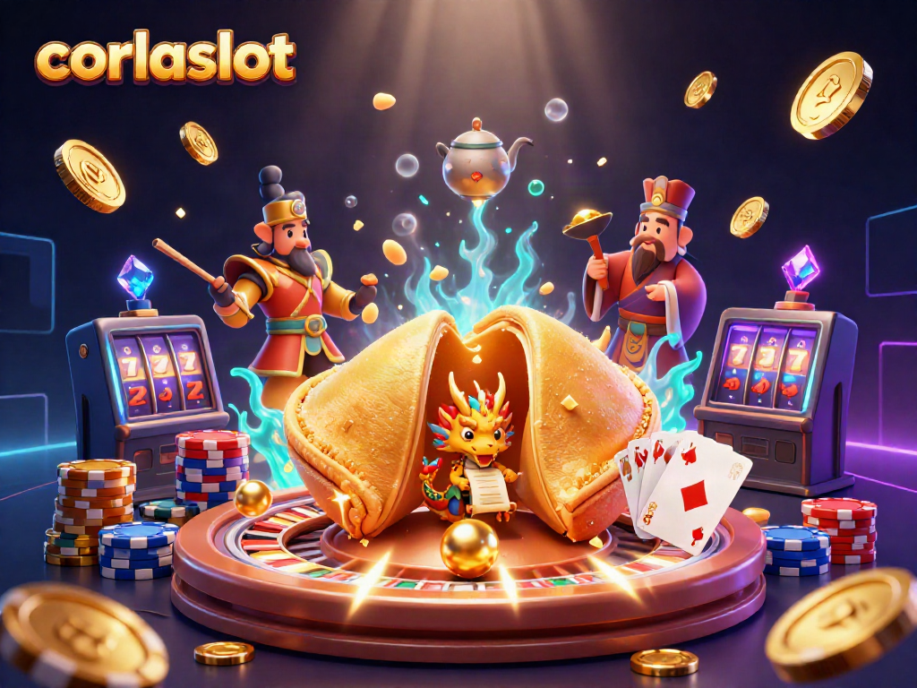 Experience gaming excitement with corlaslot, where golden fortunes and slot machines come alive in a vibrant scene.