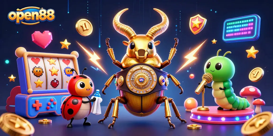 Experience the excitement of open88 with a golden stag beetle boxing champion in a vibrant 3D casino scene.