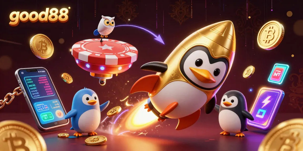 Engage with good88 through a vibrant 3D casino-themed illustration featuring a golden penguin and crypto elements.