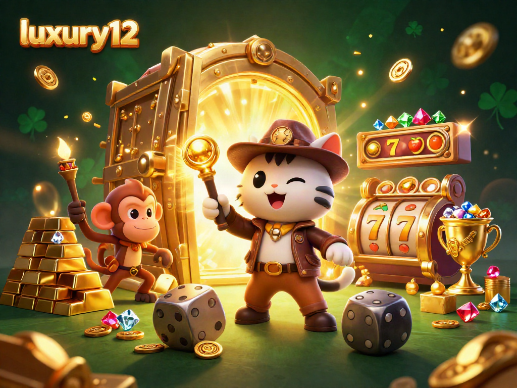 Experience luxury12 with a cat explorer and monkey companion uncovering casino treasures in a vibrant scene.