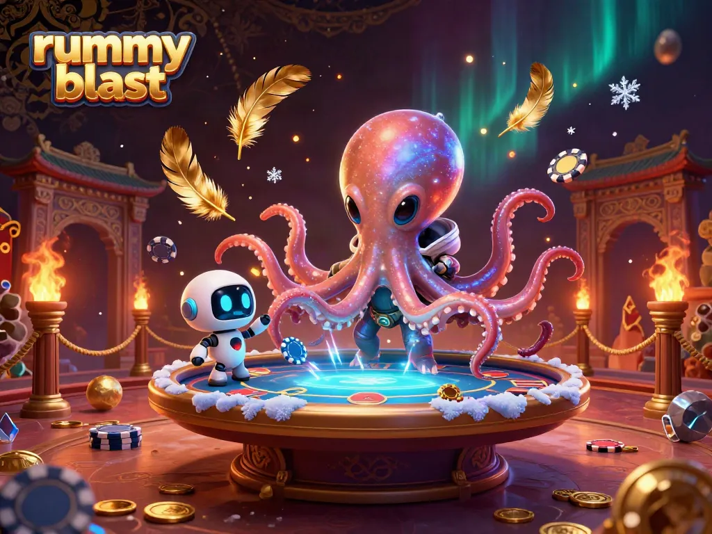 Experience rummy blast with an alien octopus playing poker at a cosmic gaming table surrounded by vibrant effects.