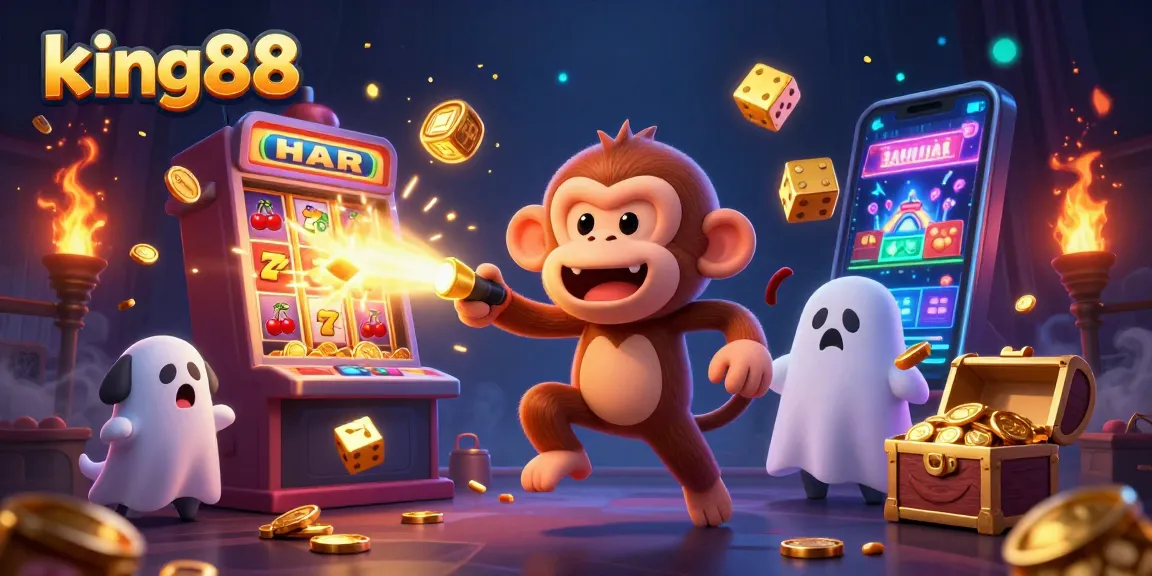 Experience the thrill of king88 as a mischievous poltergeist monkey juggles golden casino treasures amidst a vibrant jackpot.