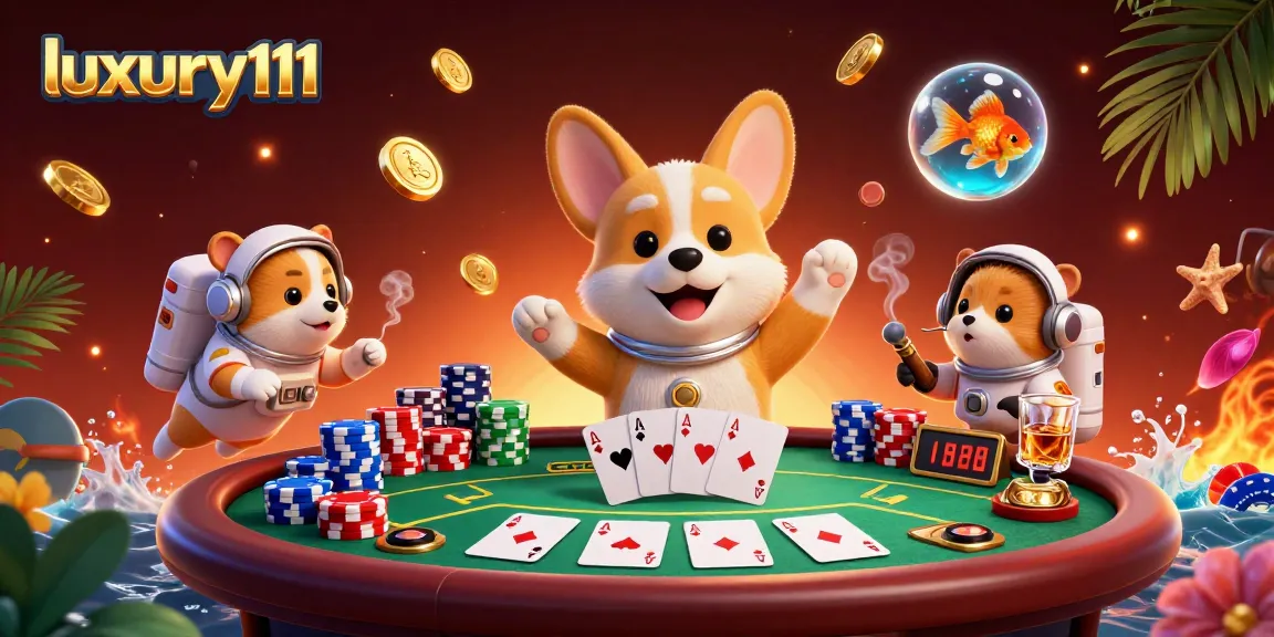 Experience luxury111 gaming with a whimsical 3D scene featuring playful characters and poker action.