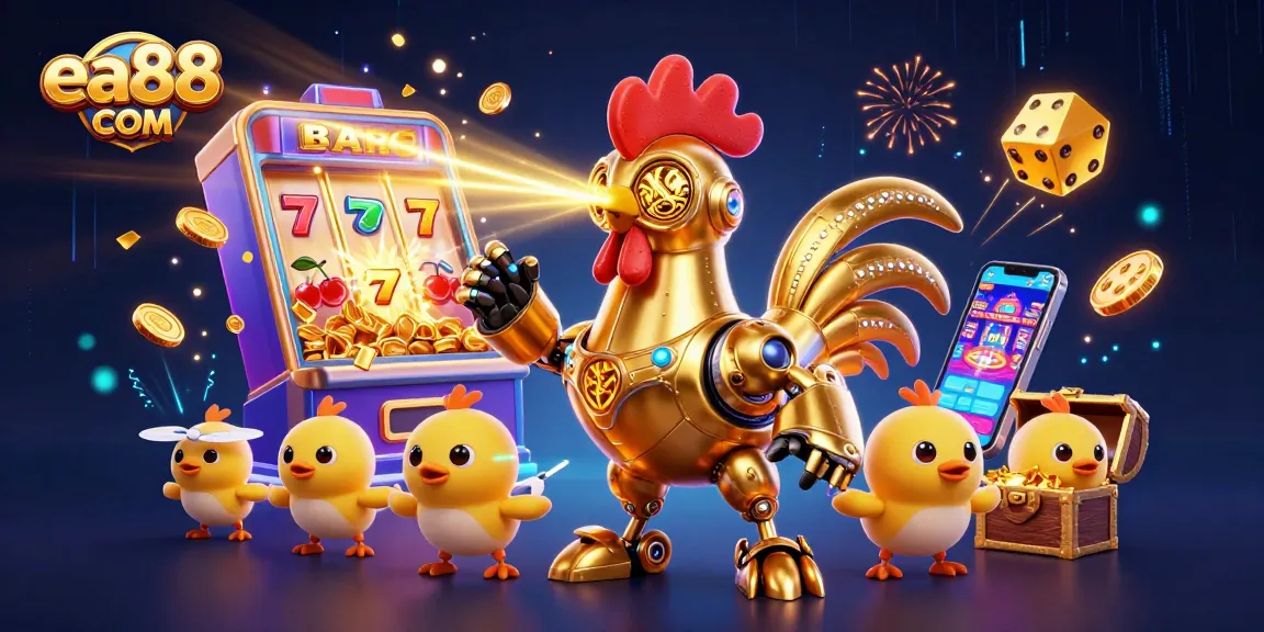 Experience thrilling gaming with a golden rooster robot and baby chick drones at ea88 COM casino.