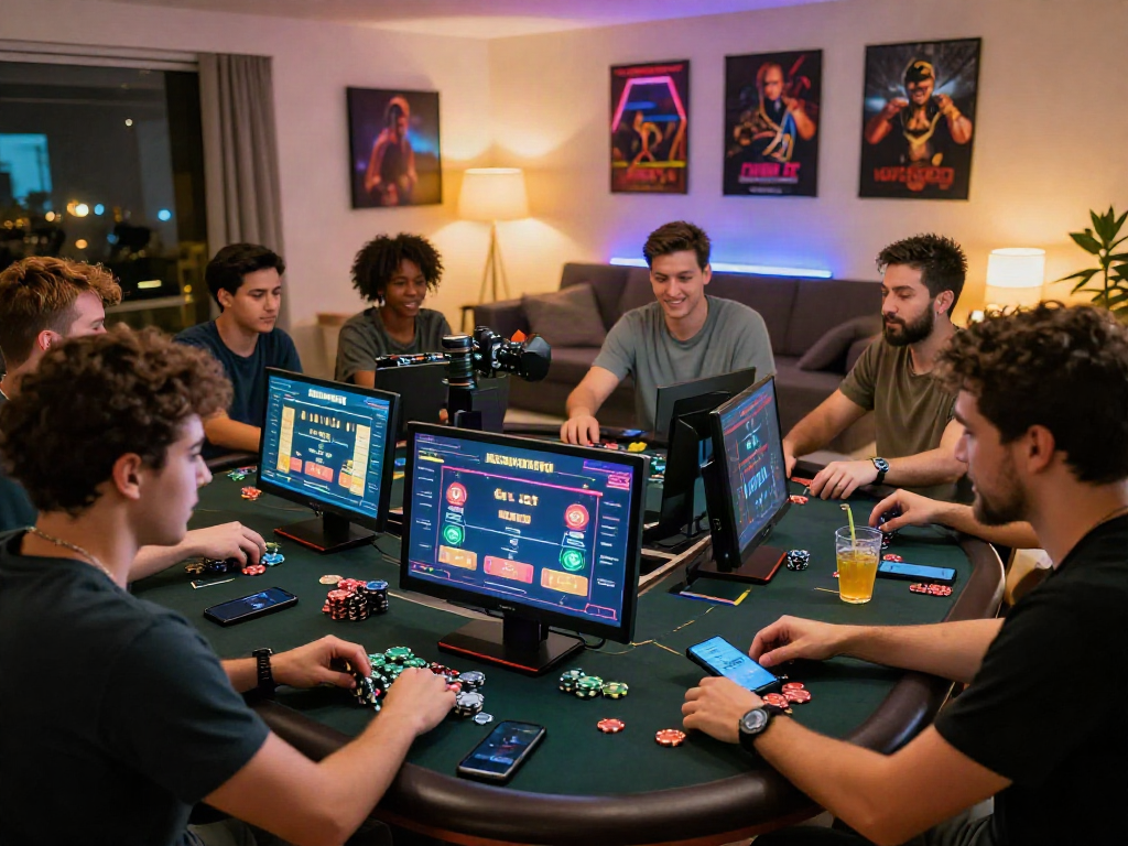 Friends enjoying online gambling on kebuntoto platform in a vibrant home setting