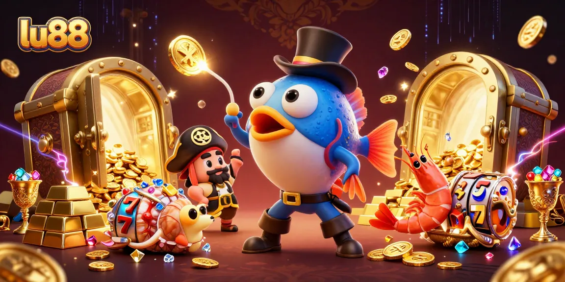 lu88 features a vibrant 3D scene showcasing an anglerfish, shrimp, and snail amidst gold coins.