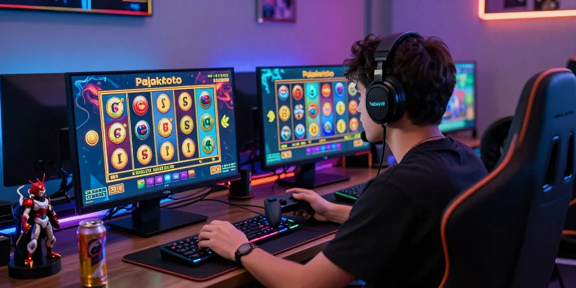 Immersive pajaktoto gaming experience with a player focused on slot game action surrounded by vibrant LED lights and gaming accessories.