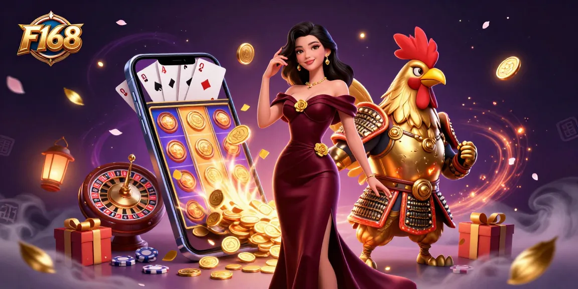 Experience thrilling gameplay at F168 with a glamorous casino scene featuring slot games and lucky symbols.