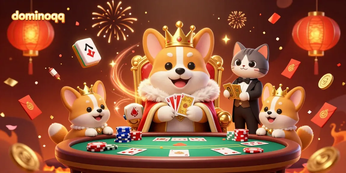 Engage with dominoqq gameplay, featuring a royal corgi on a poker throne amidst festive gambling elements.