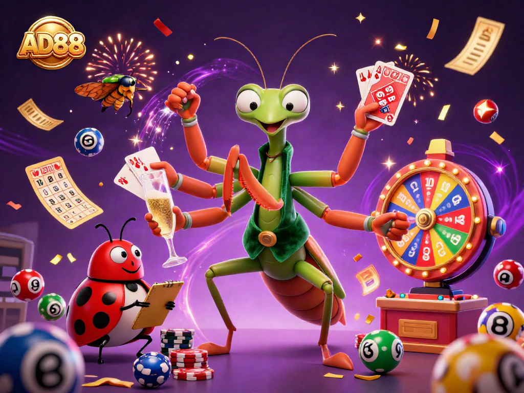 Engage with AD88 through a vibrant 3D casino illustration showcasing card sharp antics and lively gaming elements.