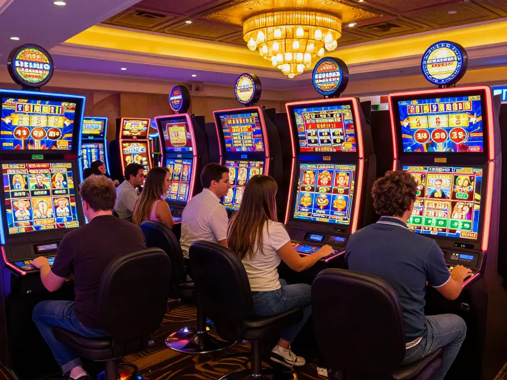 Exciting slot jackpot scene with diverse players celebrating wins at colorful casino machines in a lively atmosphere.
