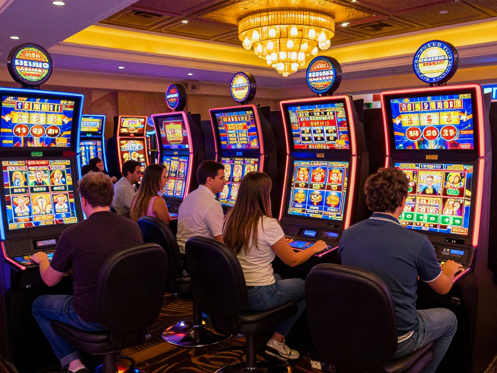 Exciting slot jackpot scene with diverse players celebrating wins at colorful casino machines in a lively atmosphere.