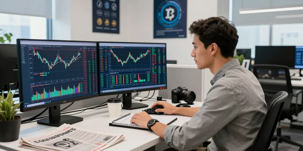 Криптобиржа Bitmex: трейдер анализирует данные на мониторах в современном офисе