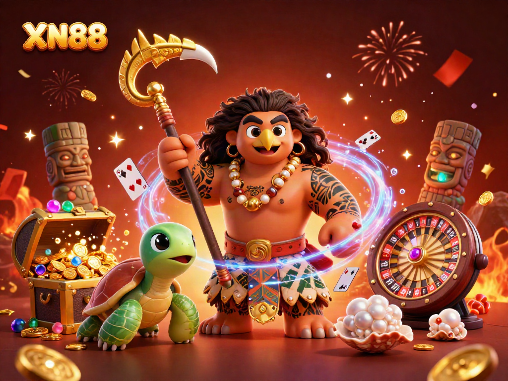Experience the excitement at XN88 with a dynamic and lively casino scene full of games and treasures.