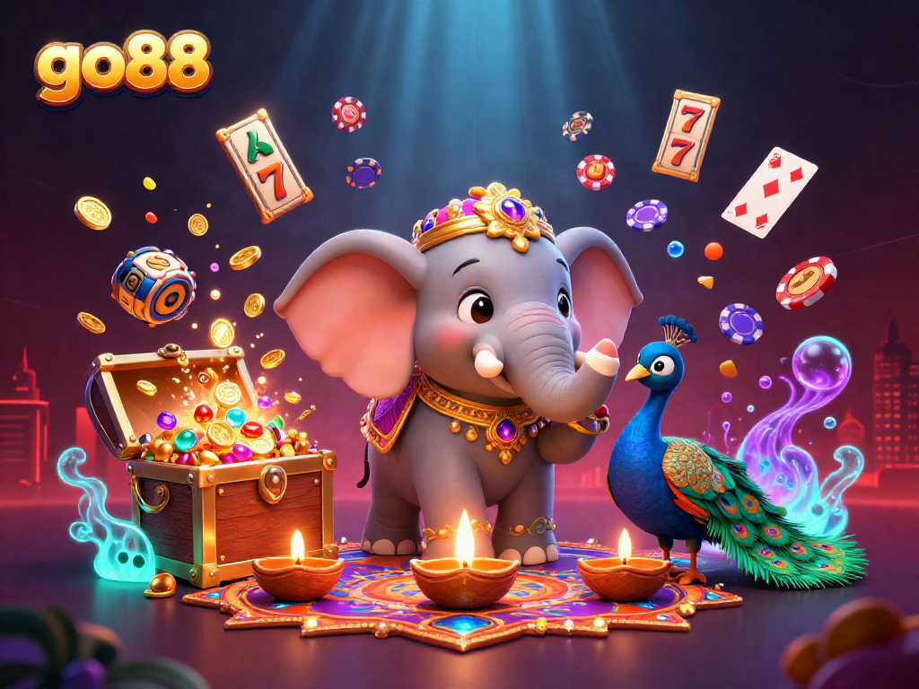 Experience thrilling games with go88, featuring vibrant slot reels, poker chips, and a dynamic casino scene.
