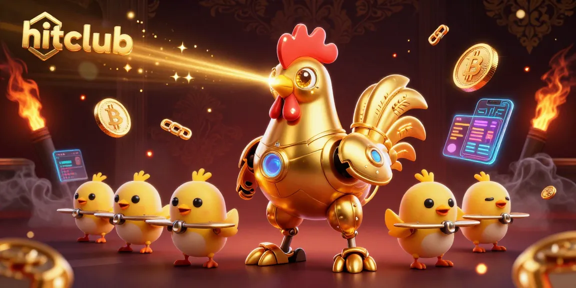 Engage in thrilling gaming at hitclub with dynamic visuals of cryptocurrency and lively golden characters.
