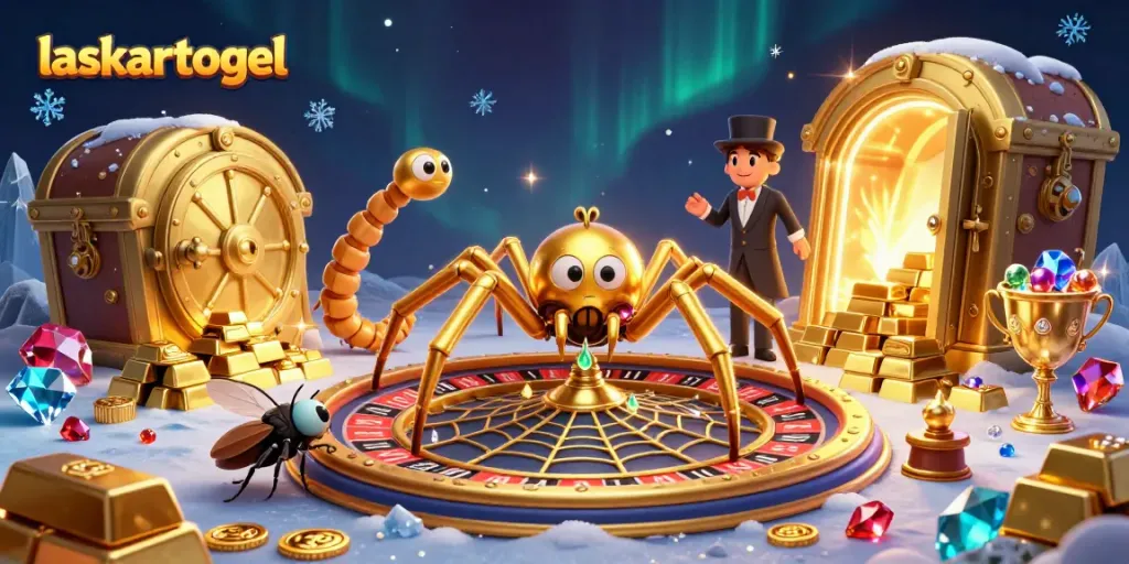 Engage with laskartogel in this vibrant 3D scene featuring a golden spider and a roulette-inspired web.