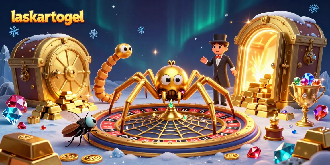 Engage with laskartogel in this vibrant 3D scene featuring a golden spider and a roulette-inspired web.