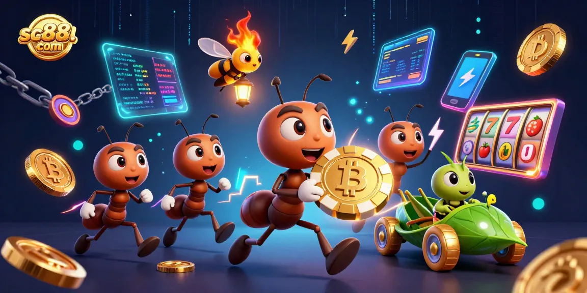 Experience thrilling slots at sc88. com with a vibrant heist illustration featuring ants, crypto coins, and game elements.