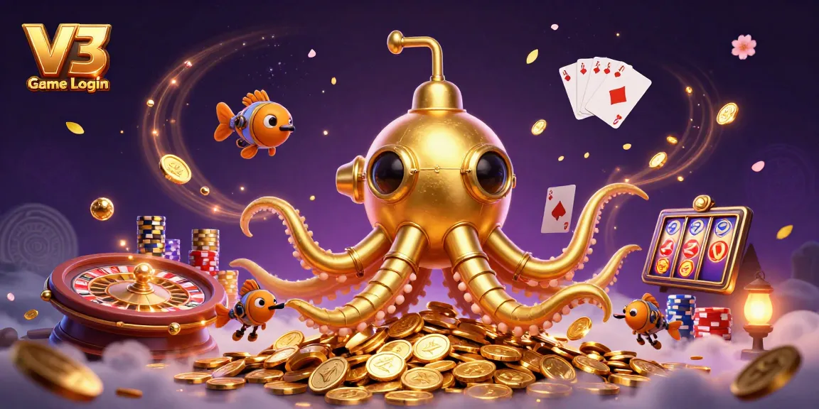 Experience V3 Game Login with a dynamic 3D scene featuring a golden kraken and casino elements.