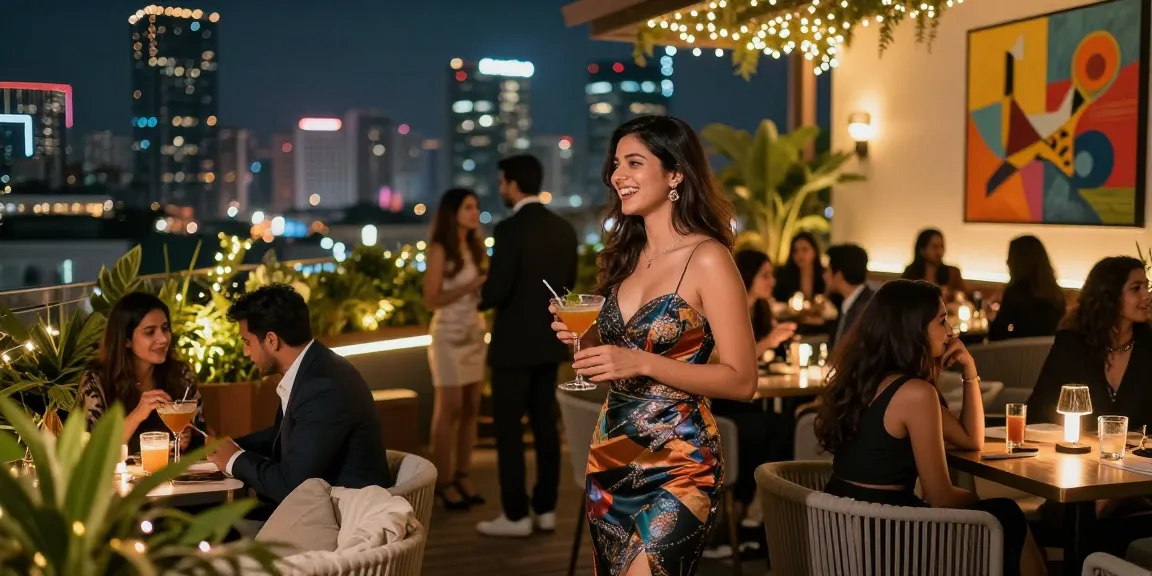 Gurgoan escorts enjoying a glamorous evening at a rooftop bar in Gurugram.