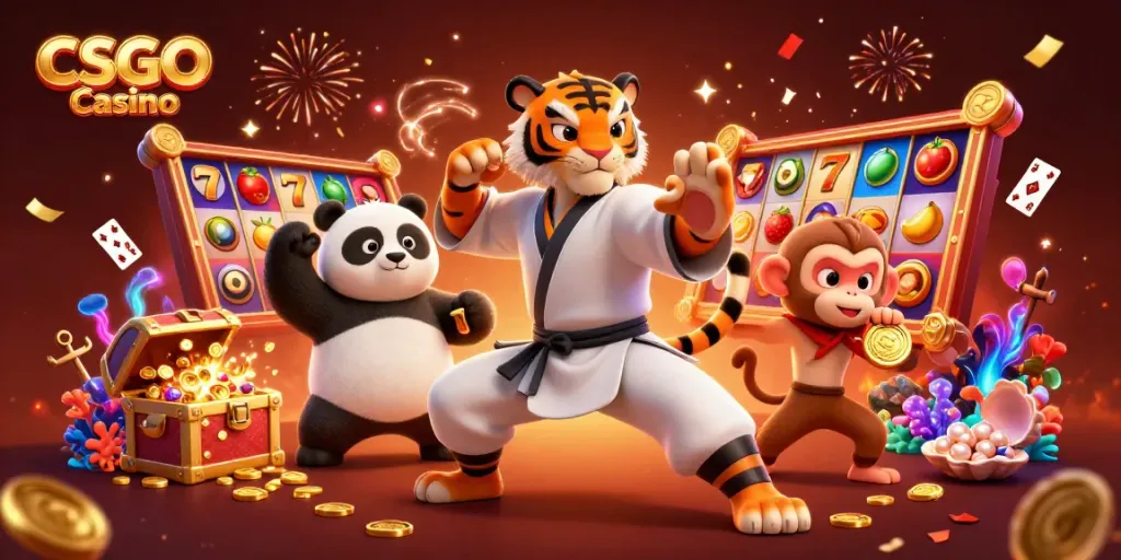 Engaging scene from CSGO Casino showing a kung fu tiger with a panda and monkey in a vibrant gambling setting.