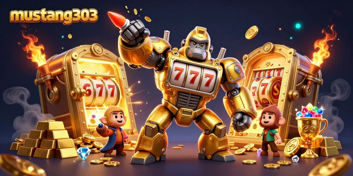 Engage with mustang303's thrilling slot experience featuring a golden gorilla mech and explosive jackpot action.