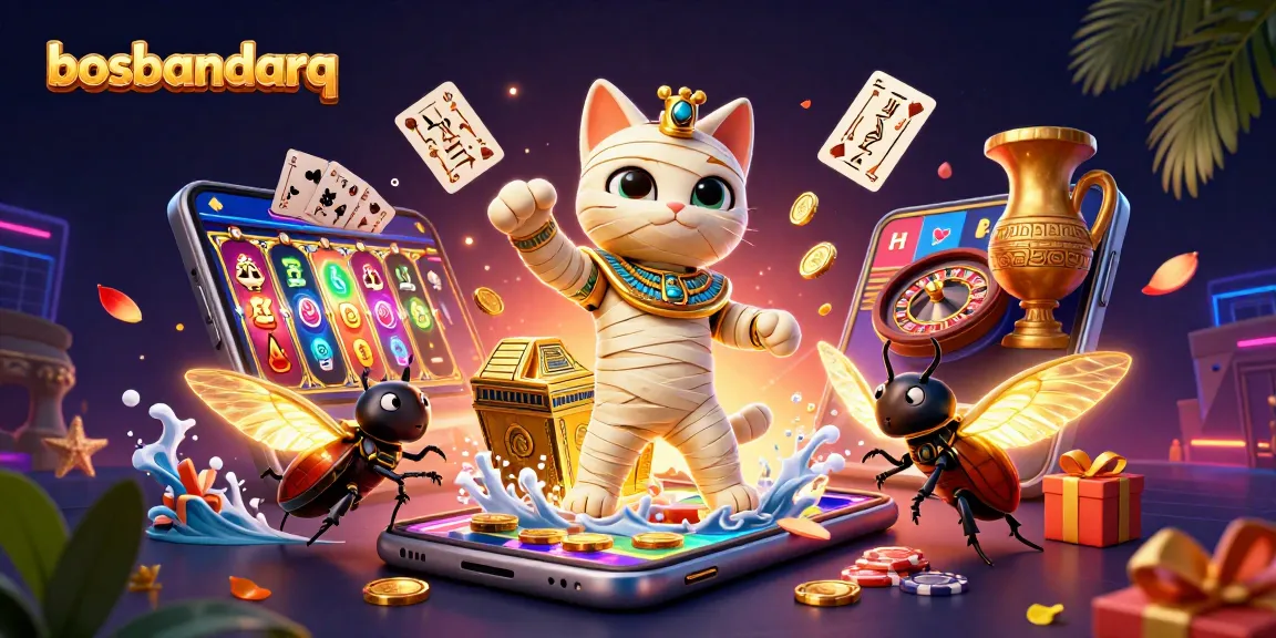 Experience thrilling gameplay at bosbandarq with a vibrant 3D illustration showcasing a dynamic casino scene.