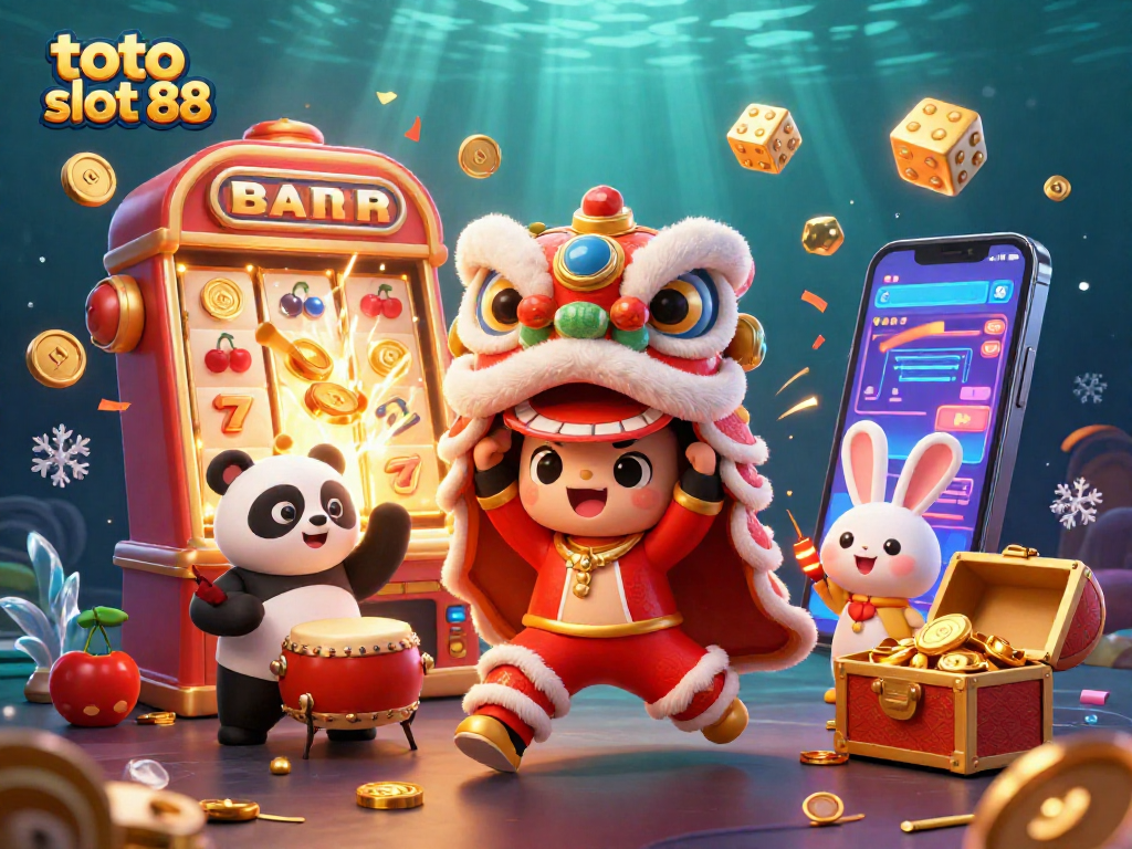 Experience the excitement of toto slot 88 with a vibrant 3D scene featuring a lion dance, jackpot symbols, and festive decor.