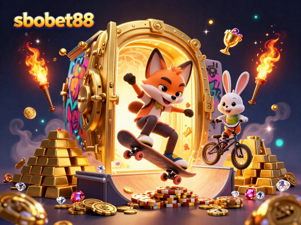 SBOBET88 rolls the dice with 3D cartoon characters in a vibrant casino-themed illustration.