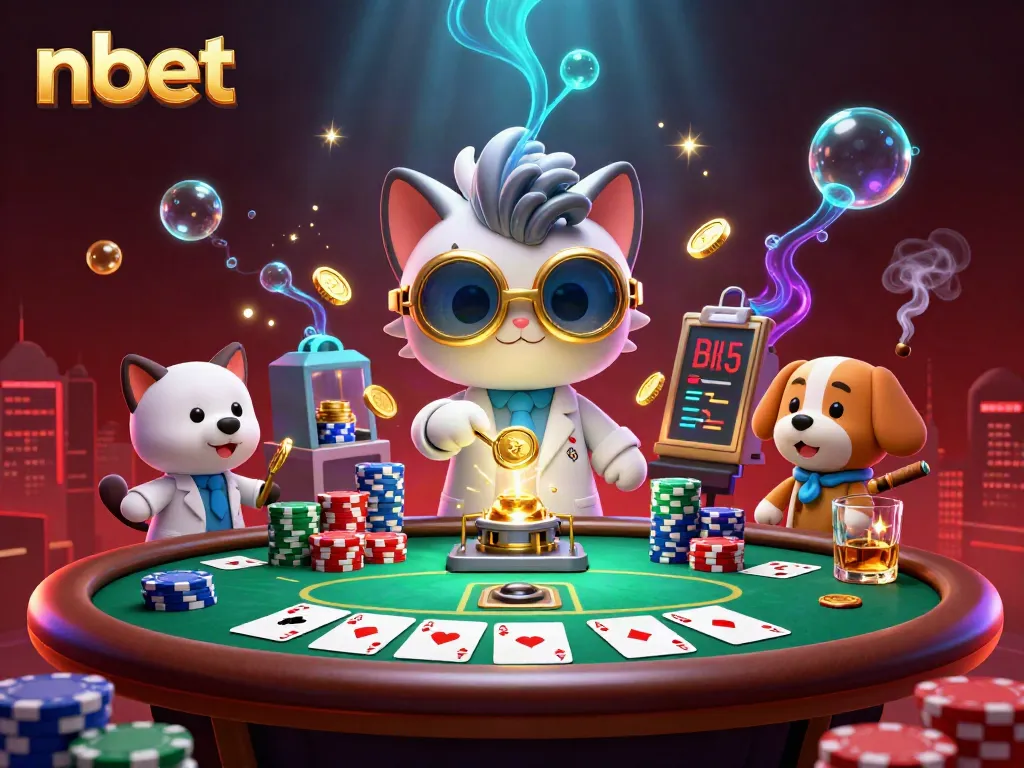 Experience nbet's vibrant casino action with a mad scientist cat and loyal dog in a dynamic poker scene.