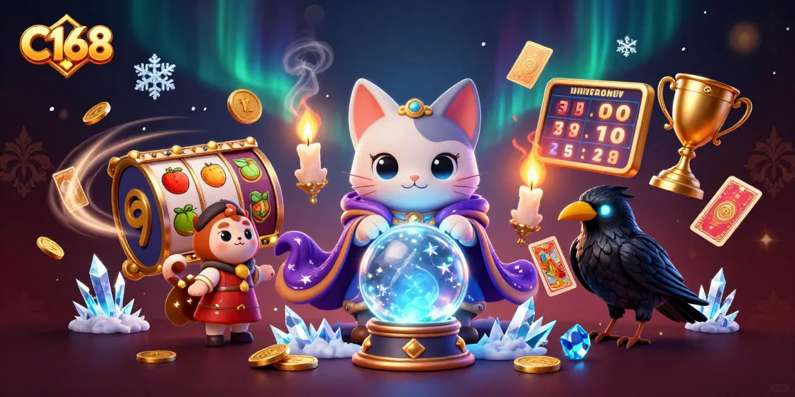 Experience thrilling slot games at C168 with a vibrant, 3D illustration showcasing mystic characters and dynamic casino elements.