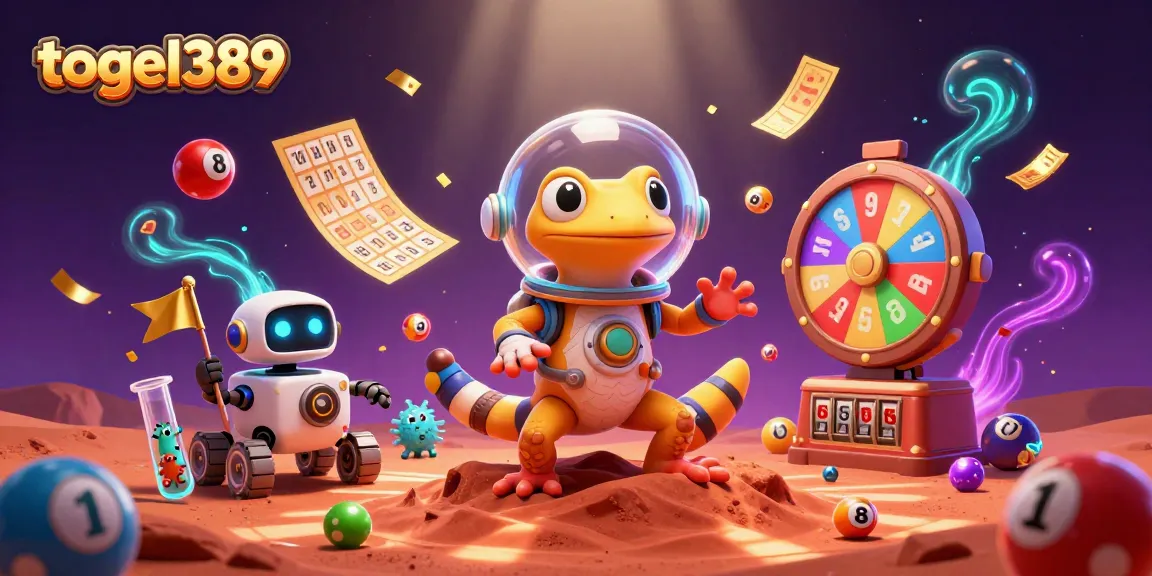 Togel389 lottery scene with a Martian gecko discovering a hidden casino with colorful game elements.