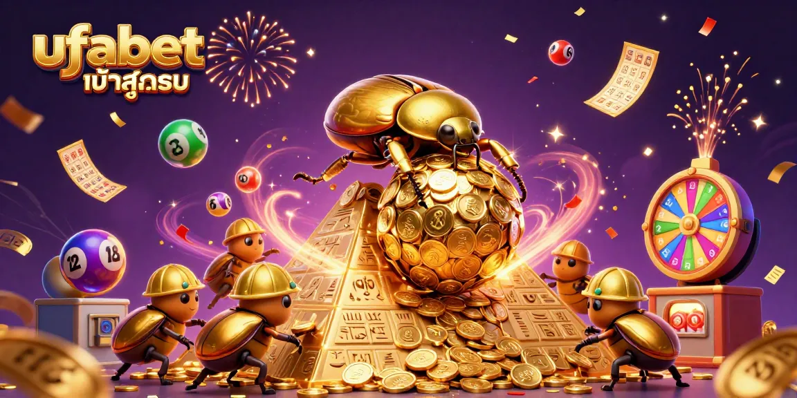 Bet on ufabet เข้าสู่ระบบ as golden beetles roll coins, celebrating jackpots with lottery elements.