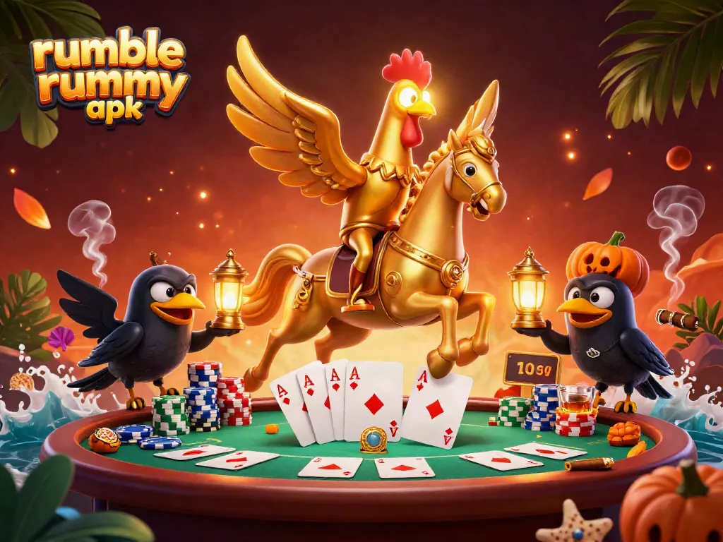 Experience the excitement of Rumble Rummy APK in a vibrant casino scene filled with dynamic gaming elements.