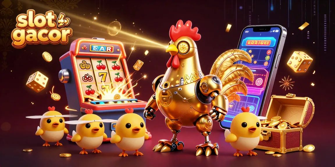 Experience slot gacor with a golden rooster robot and treasures in a vibrant 3D casino illustration.