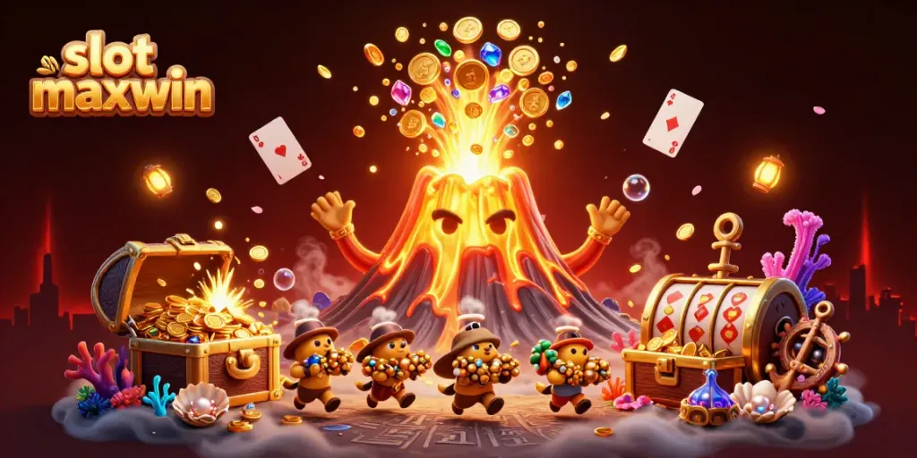 Slot maxwin menghadirkan ilustrasi permainan kasino dengan karakter gunung berapi mengeluarkan harta karun.
