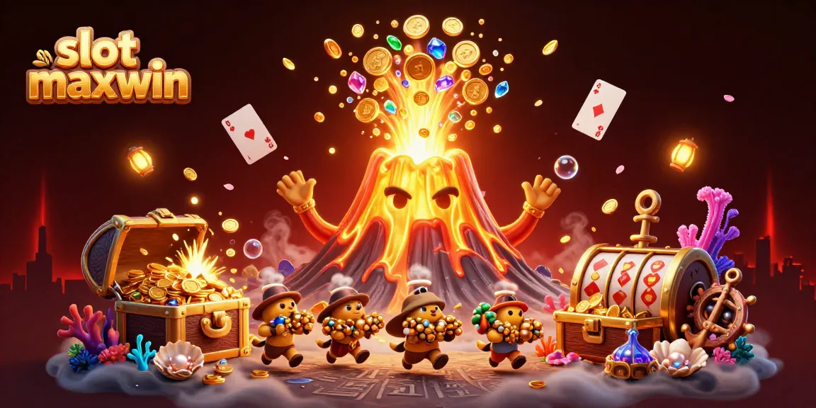 Slot maxwin menghadirkan ilustrasi permainan kasino dengan karakter gunung berapi mengeluarkan harta karun.