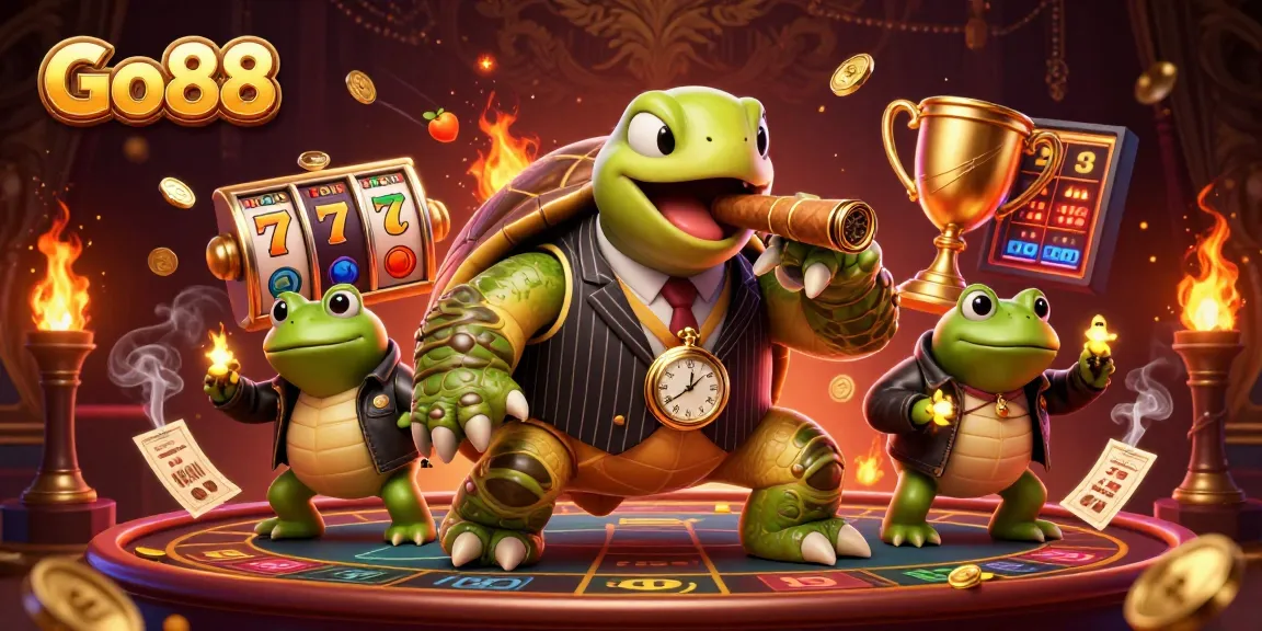 Engage with Go88's thrilling slot action featuring a snapping turtle mobster surrounded by vibrant casino elements.