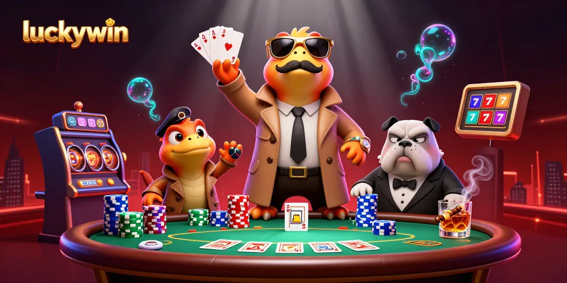 Experience the fun at luckywin with raptors playing poker in a lively casino scene filled with excitement.
