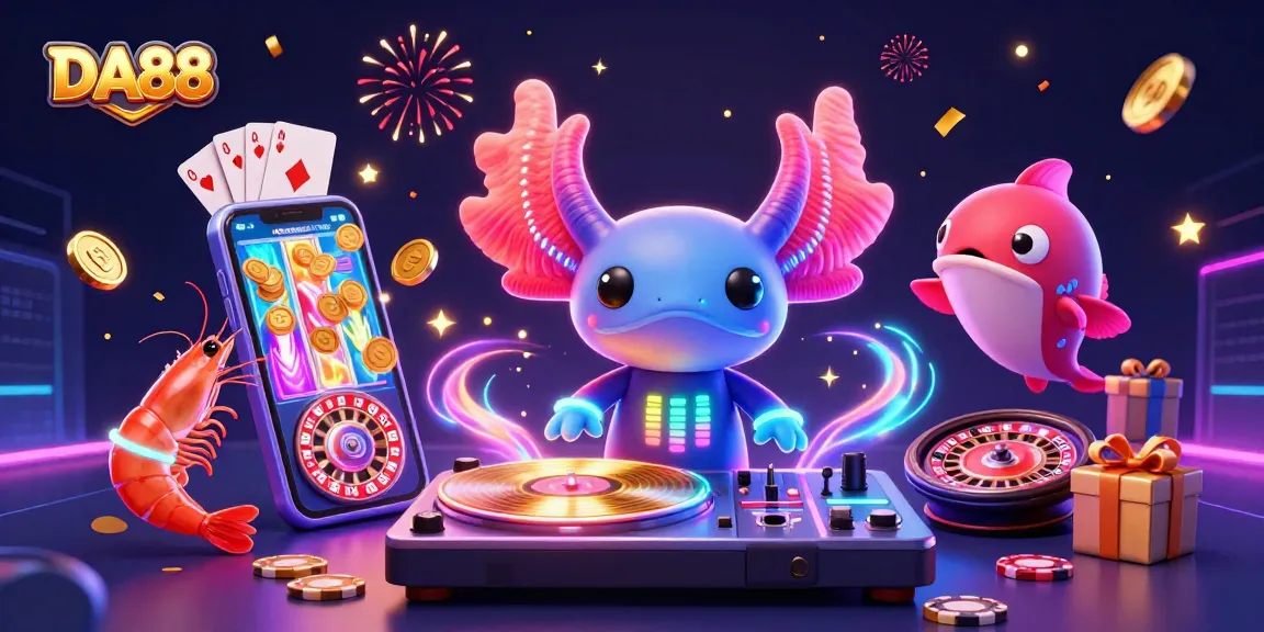 Experience DA88's thrilling casino atmosphere with vibrant axolotl DJ, glowing shrimp dancers, and dynamic gaming elements.