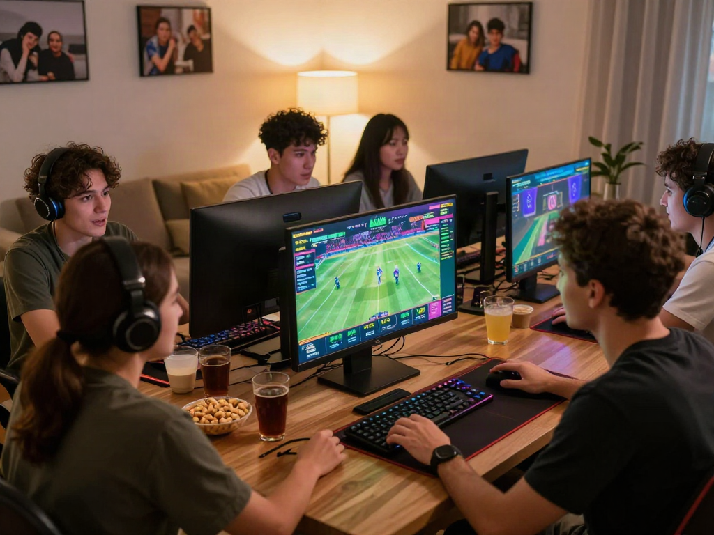ALO8 users engaging in an exciting online gaming experience with friends in a cozy room.
