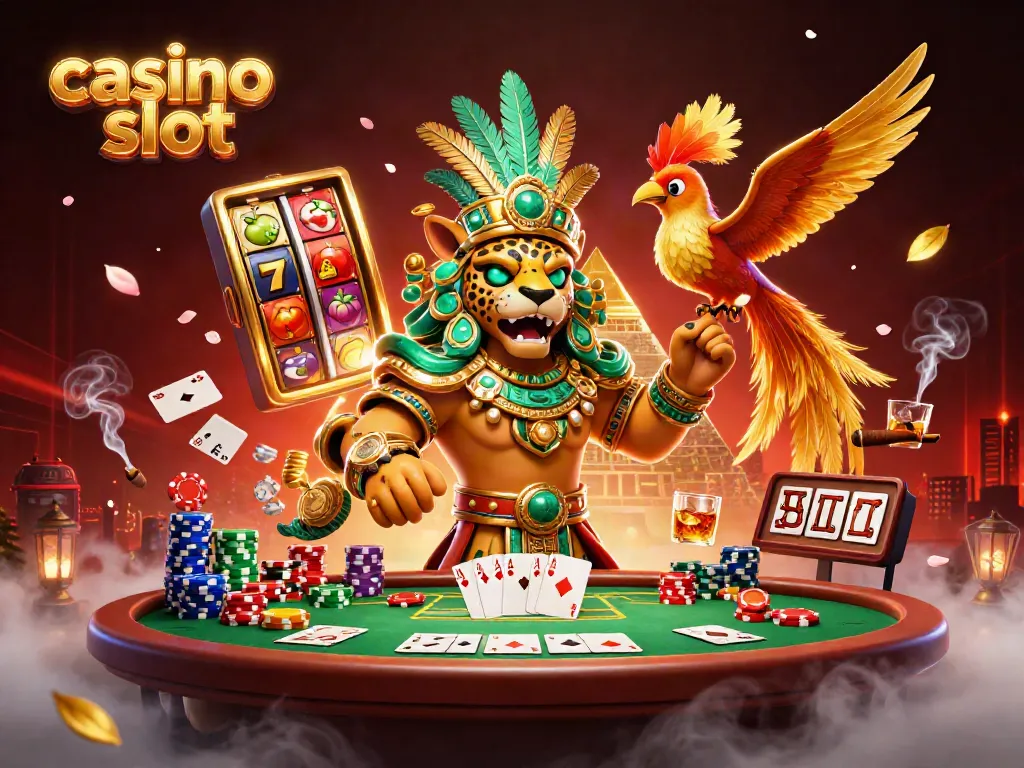 Engaging casino slot experience with vibrant characters, spinning reels, and dramatic poker elements.