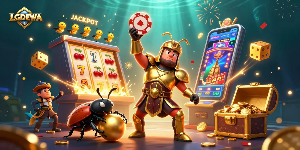 Experience the thrilling LGODEWA jackpot with vibrant 3D beetles and a winning scene of bursting casino elements.