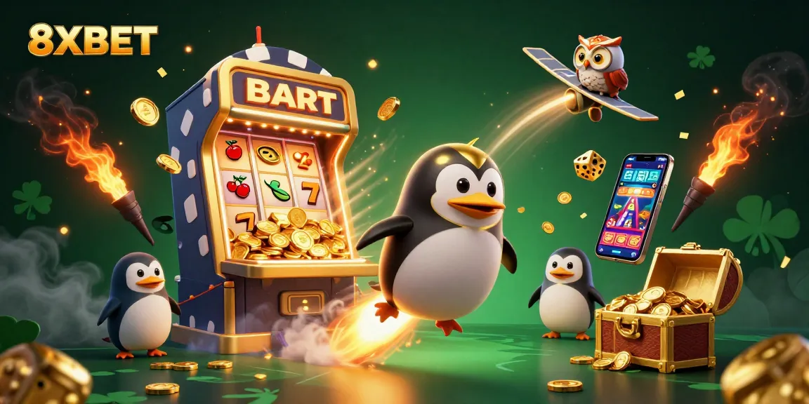 Experience the thrill of winning at 8XBET with a festive 3D casino scene featuring a lucky penguin and jackpot elements.