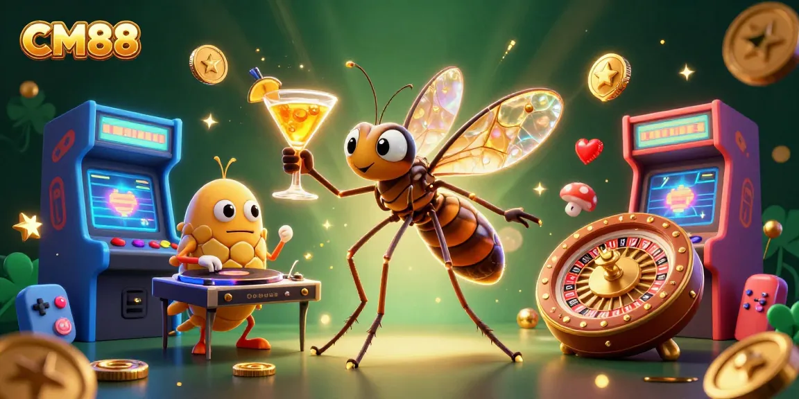 Experience casino excitement with CM88, featuring a whimsical 3D mosquito mascot and gaming elements.