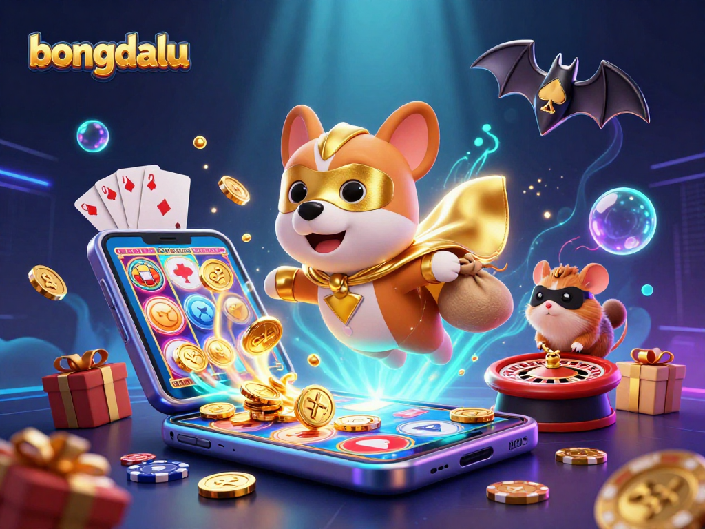 Engage with bongdalu's thrilling casino games as a superhero dog and sidekick hamster take flight amidst vibrant slot action.