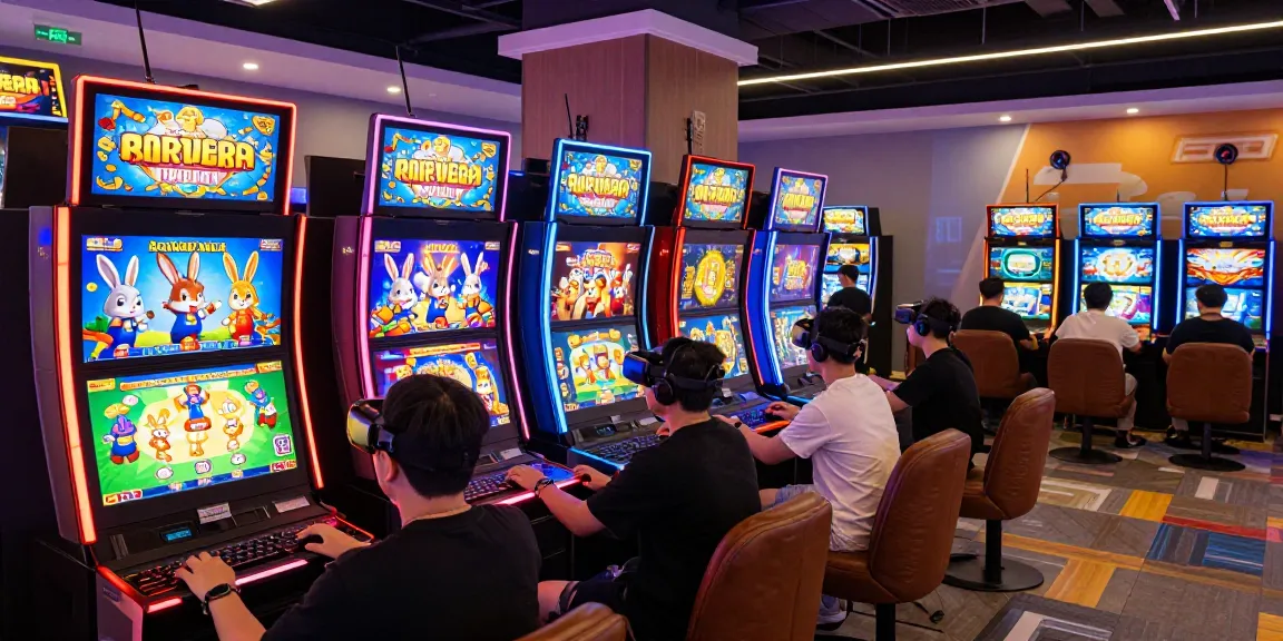 Players enjoying the Fortune Rabbit slot games in a lively online gaming hall, showcasing excitement and engagement.